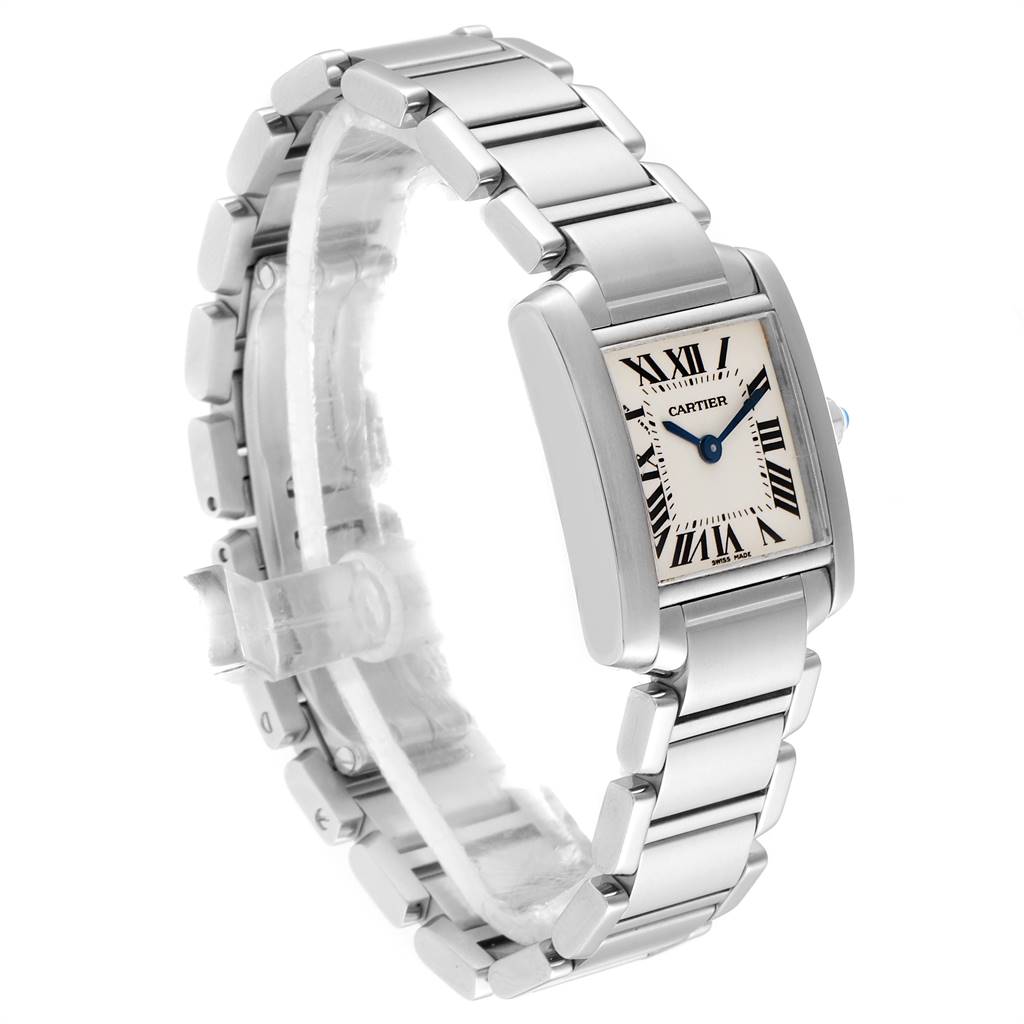 The image shows a Cartier Tank Francaise W51008Q3 Women
s Stainless Steel Silver Dial W51008Q3 Women
s Stainless Steel Silver Dial watch at an angled side view, highlighting its rectangular face and link bracelet.