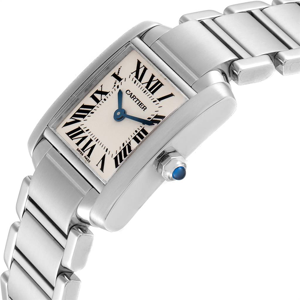 This Cartier Tank Francaise W51008Q3 Women
s Stainless Steel Silver Dial W51008Q3 Women
s Stainless Steel Silver Dial watch is shown from a partial side angle, displaying its rectangular dial, blue hands, and metal bracelet.