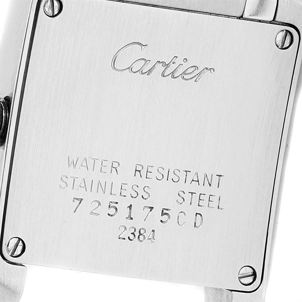 The image shows the back case of the Cartier Tank Francaise W51008Q3 Women
s Stainless Steel Silver Dial W51008Q3 Women
s Stainless Steel Silver Dial watch, highlighting the brand engraving and model details.