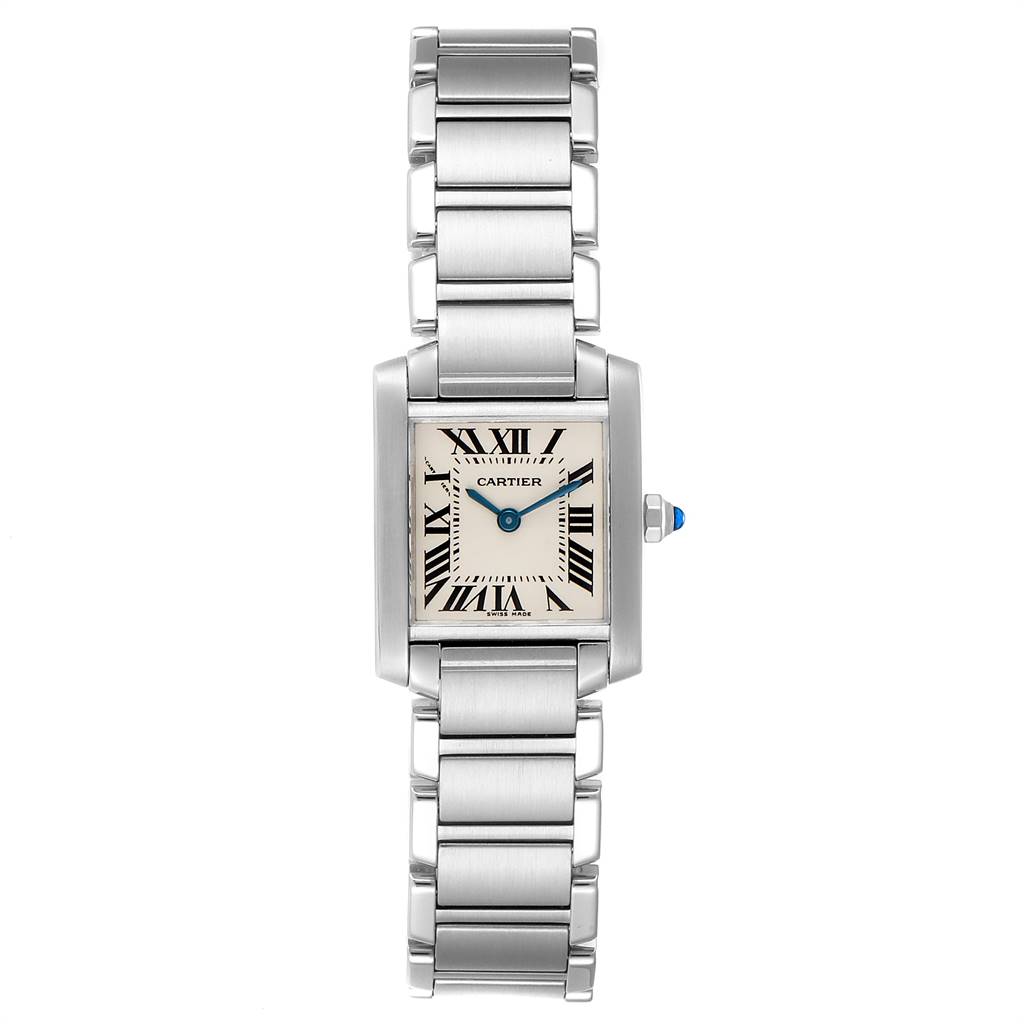 This image shows a full-frontal view of the Cartier Tank Française watch, displaying its face and metal bracelet.