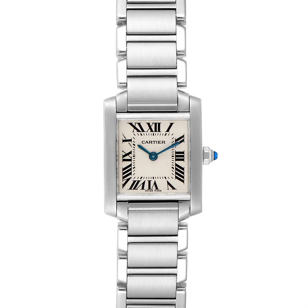 The image shows a front view of the Cartier Tank Francaise W51008Q3 Women
s Stainless Steel Silver Dial W51008Q3 Women
s Stainless Steel Silver Dial watch, featuring its rectangular face, metal bracelet, and blue winding crown.