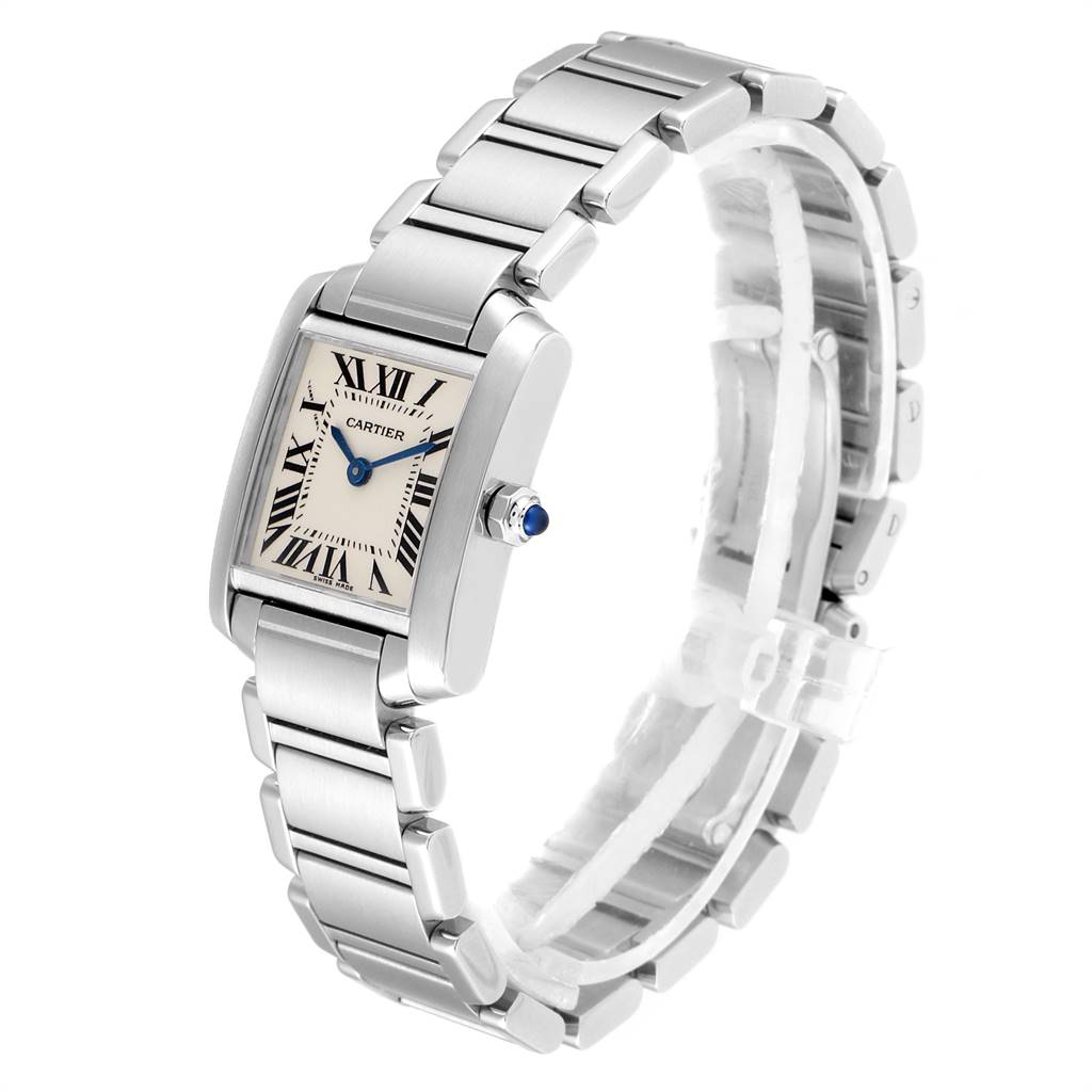 The image shows a Cartier Tank Francaise W51008Q3 Women
s Stainless Steel Silver Dial W51008Q3 Women
s Stainless Steel Silver Dial watch from an angled perspective, featuring its rectangular face and metal bracelet.