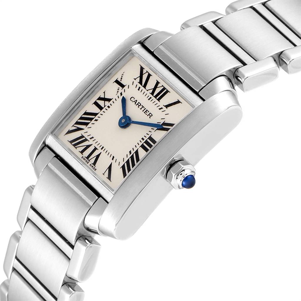 The image shows a close-up side angle of a Cartier Tank Francaise W51008Q3 Women
s Stainless Steel Silver Dial W51008Q3 Women
s Stainless Steel Silver Dial watch, highlighting the face, bracelet, and crown with a blue cabochon.