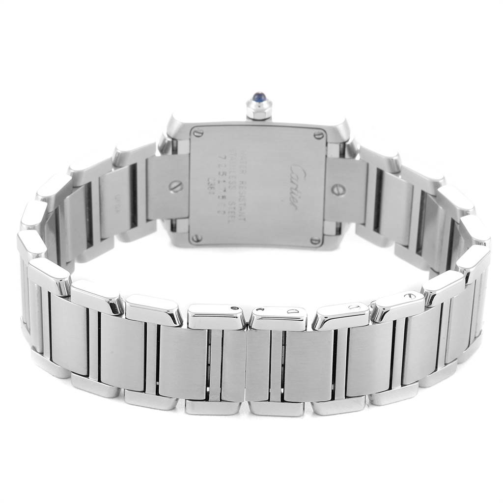 The image shows the back and bracelet links of a Cartier Tank Francaise W51008Q3 Women
s Stainless Steel Silver Dial W51008Q3 Women
s Stainless Steel Silver Dial watch from a rear angle.