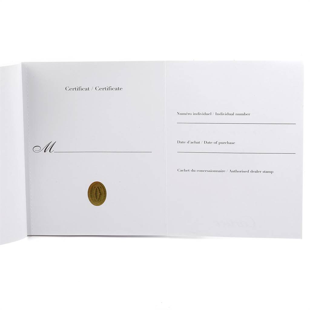 The image displays an open certificate booklet for the Cartier Tank Francaise W4TA0008 Women
s Stainless Steel Silver Dial W4TA0008 Women
s Stainless Steel Silver Dial watch, showing sections for individual number and date of purchase.