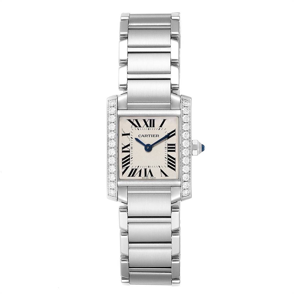This image shows a Cartier Tank Francaise W4TA0008 Women
s Stainless Steel Silver Dial W4TA0008 Women
s Stainless Steel Silver Dial watch from a front angle, displaying the face, dial, and bracelet.