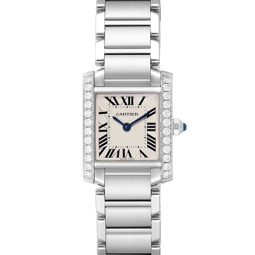 The image shows a frontal view of the Cartier Tank Francaise W4TA0008 Women
s Stainless Steel Silver Dial W4TA0008 Women
s Stainless Steel Silver Dial watch, highlighting its rectangular face, Roman numerals, and metal bracelet.