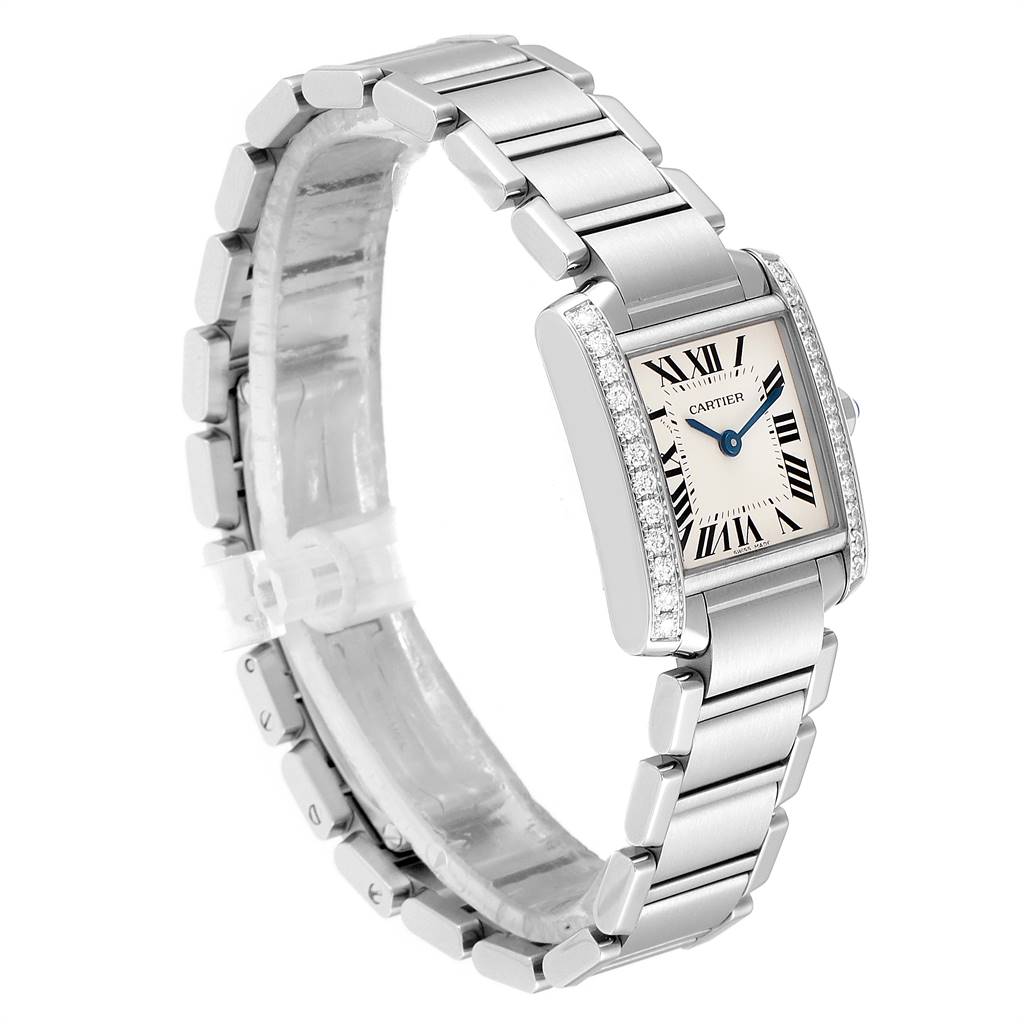 The image shows a Cartier Tank Francaise W4TA0008 Women
s Stainless Steel Silver Dial W4TA0008 Women
s Stainless Steel Silver Dial watch, viewed from an angle highlighting its rectangular face, bracelet, and diamond accents.