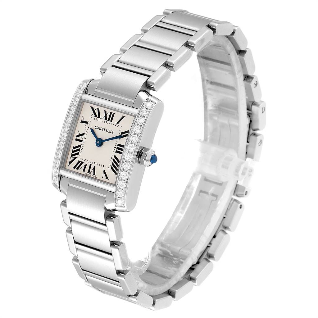The image shows a Cartier Tank Francaise W4TA0008 Women
s Stainless Steel Silver Dial W4TA0008 Women
s Stainless Steel Silver Dial watch in a left-angle view, highlighting its bracelet, dial, and bezel.
