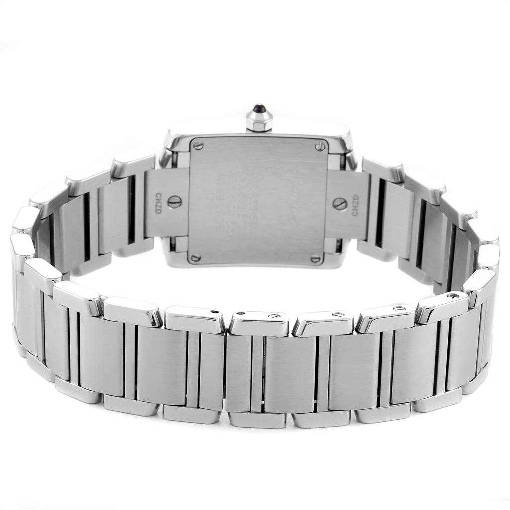 The image shows the back of a Cartier Tank Francaise W4TA0008 Women
s Stainless Steel Silver Dial W4TA0008 Women
s Stainless Steel Silver Dial watch, highlighting the stainless steel bracelet and case back.