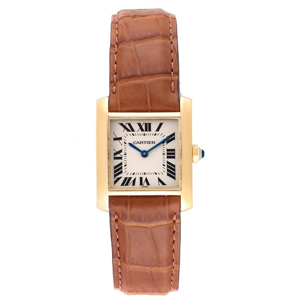 This image shows a front view of a Cartier Tank Française watch with a brown leather strap and gold case.