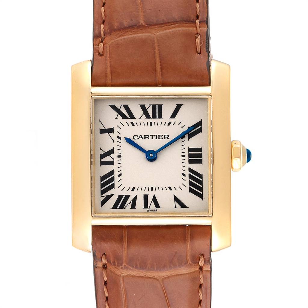The image shows a frontal view of a Cartier Tank Française watch, displaying the rectangular dial, Roman numerals, and leather strap.