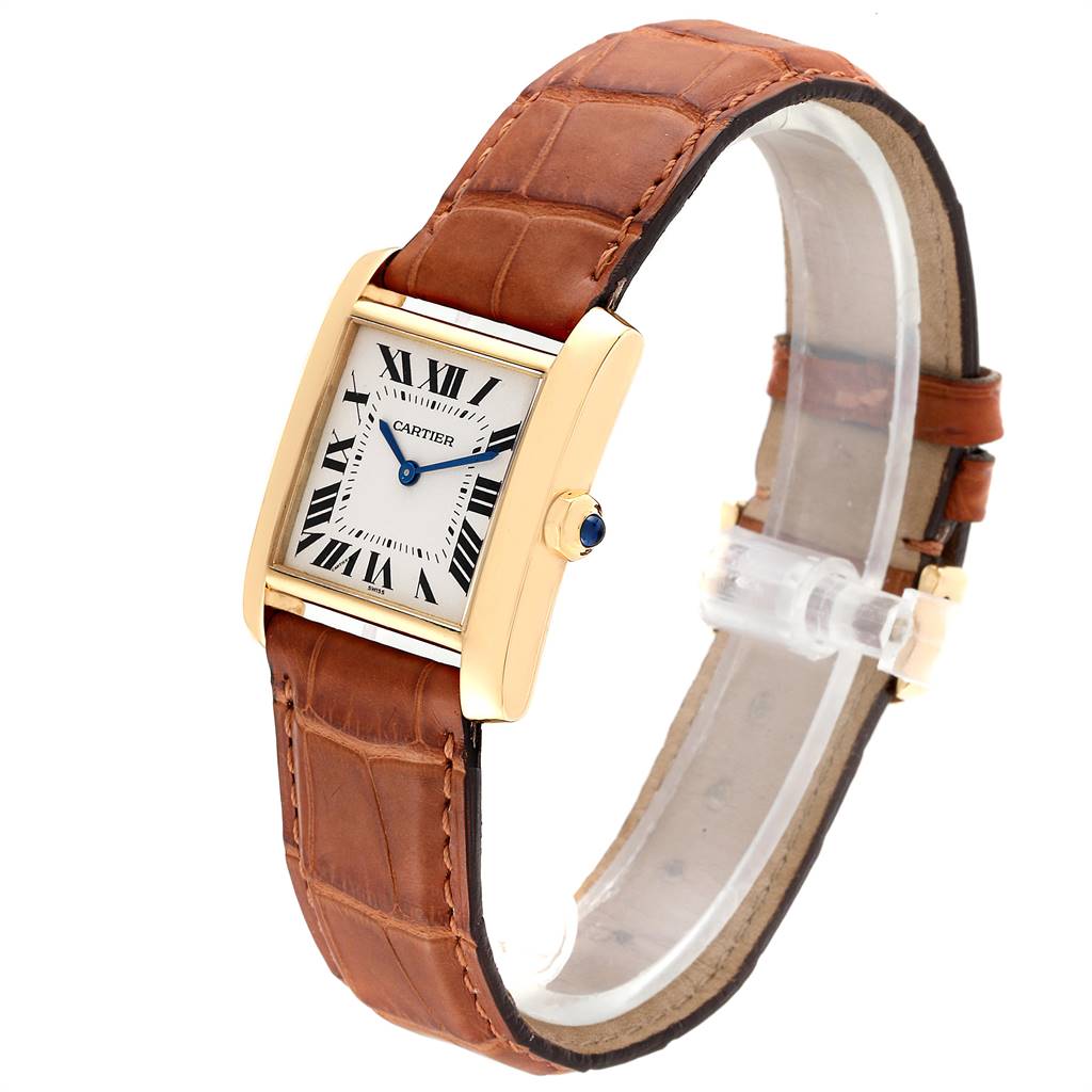 This is a Cartier Tank Francaise W50003N2 Women's Yellow Gold Silver Dial W50003N2 Women's Yellow Gold Silver Dial watch shown at a slight angle, highlighting its brown leather strap and rectangular face with Roman numerals.