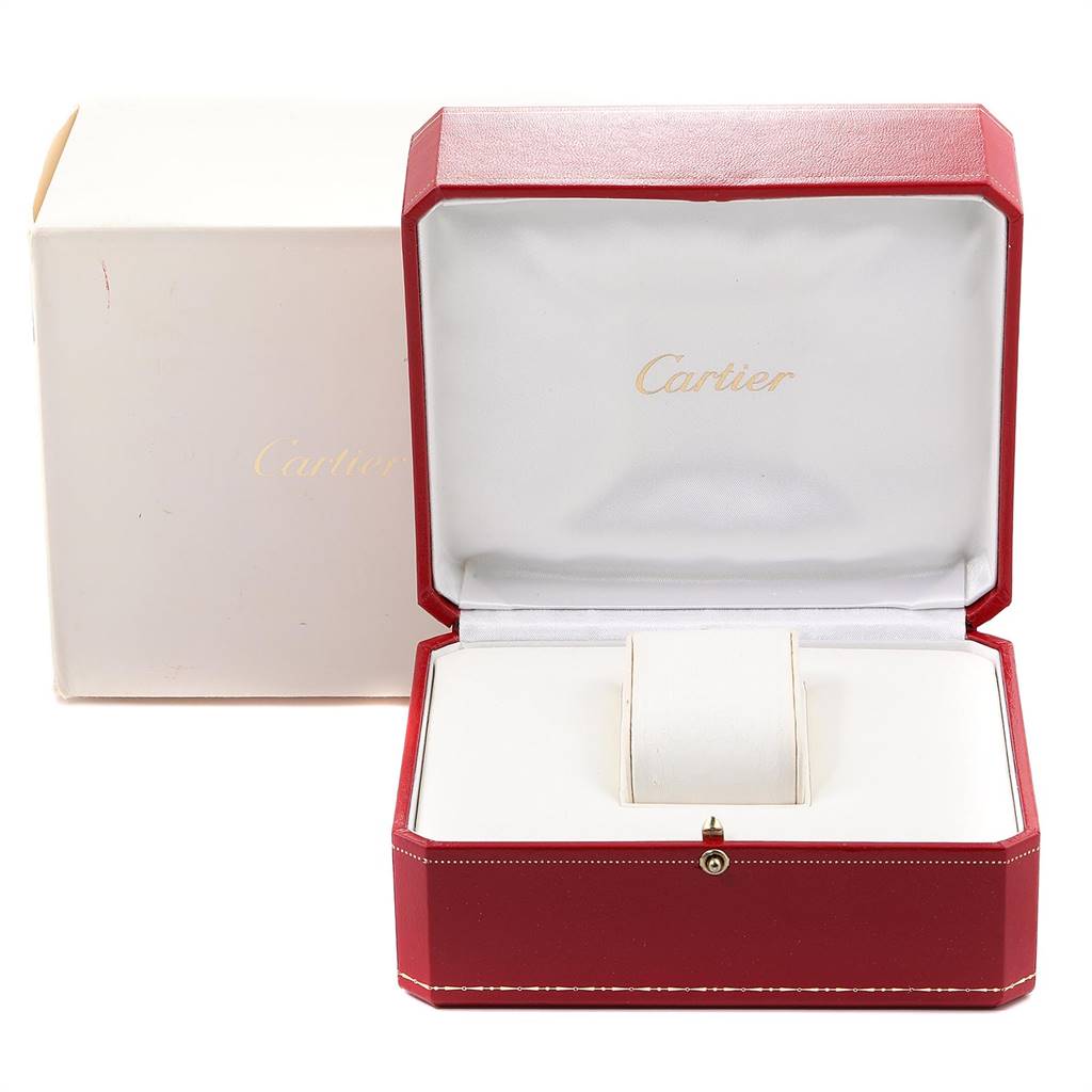 The image shows an open and empty red Cartier watch box for a Tank Francaise model, with an outer white box in the background.