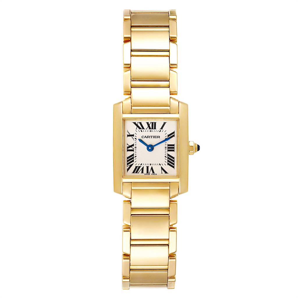 The Cartier Tank Francaise W50002N2 Women
s Yellow Gold Silver Dial W50002N2 Women
s Yellow Gold Silver Dial watch is shown from a top-down view, displaying its rectangular face and gold bracelet.