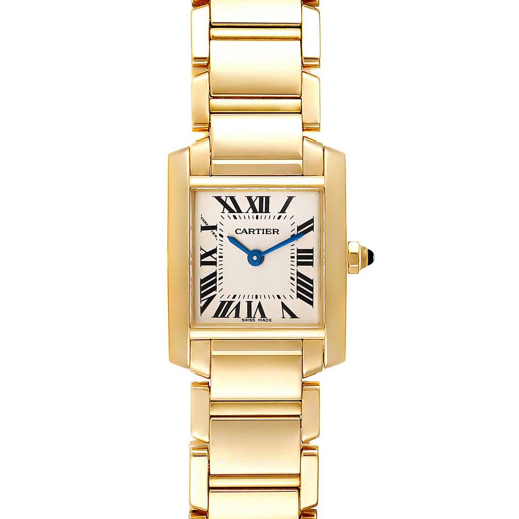 The image shows a front view of a Cartier Tank Française watch, highlighting its rectangular dial and gold bracelet.