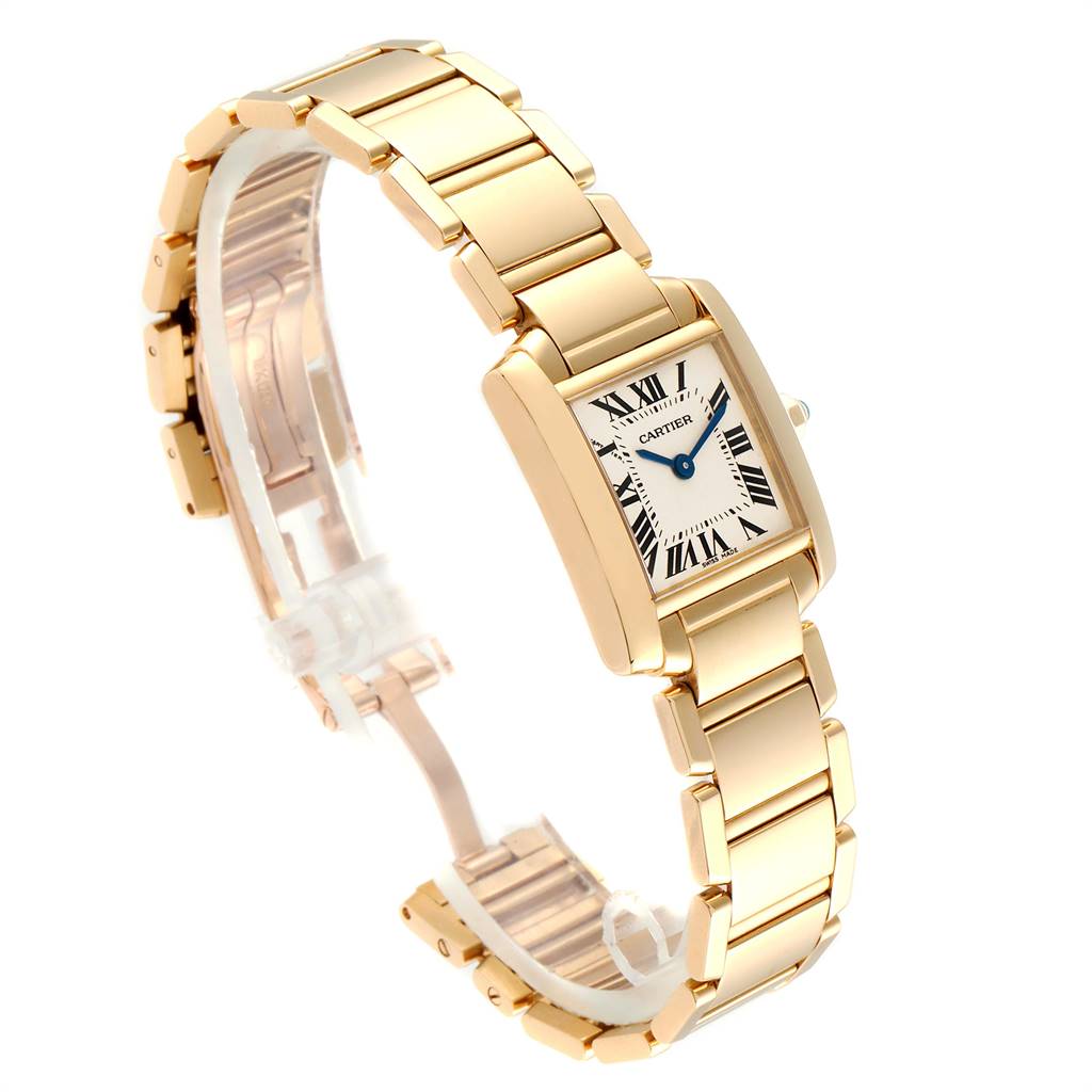 The image displays a Tank Francaise model by Cartier, showing the full bracelet and watch face at an angled side view.