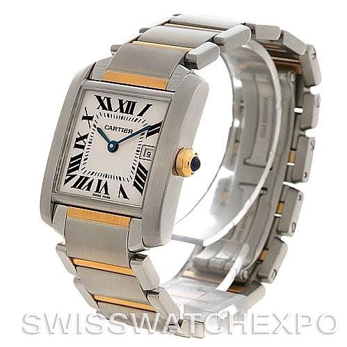 This image shows a Cartier Tank Francaise W51012Q4 Women's Steel and Gold (two tone) Silver Dial W51012Q4 Women's Steel and Gold (two tone) Silver Dial watch, focusing on the face and the bracelet at an oblique angle.