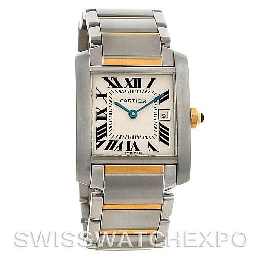 This image shows a Cartier Tank Francaise W51012Q4 Women's Steel and Gold (two tone) Silver Dial W51012Q4 Women's Steel and Gold (two tone) Silver Dial watch from a front angle, highlighting its face, bracelet, and crown.