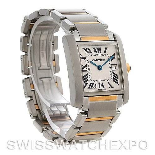 This image shows a Cartier Tank Francaise W51012Q4 Women's Steel and Gold (two tone) Silver Dial W51012Q4 Women's Steel and Gold (two tone) Silver Dial watch at a three-quarter angle, highlighting its rectangular case, bracelet, and dial with Roman numerals.