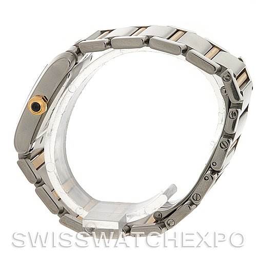 This image shows a side view of the Tank Francaise watch by Cartier, highlighting its metal bracelet and crown.