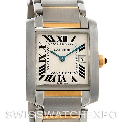 This image showcases the Cartier Tank Française watch from a front angle, highlighting its face, bezel, and part of the bracelet.