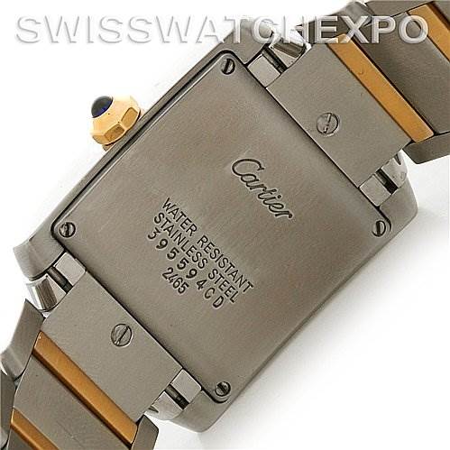 The image shows the back case and part of the bracelet of a Cartier Tank Francaise W51012Q4 Women's Steel and Gold (two tone) Silver Dial W51012Q4 Women's Steel and Gold (two tone) Silver Dial watch.