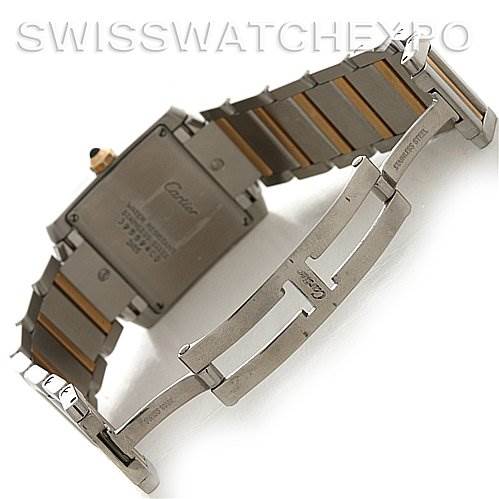 The image shows the back of the Cartier Tank Francaise W51012Q4 Women's Steel and Gold (two tone) Silver Dial W51012Q4 Women's Steel and Gold (two tone) Silver Dial watch, highlighting the case back and the bracelet with its deployment clasp.