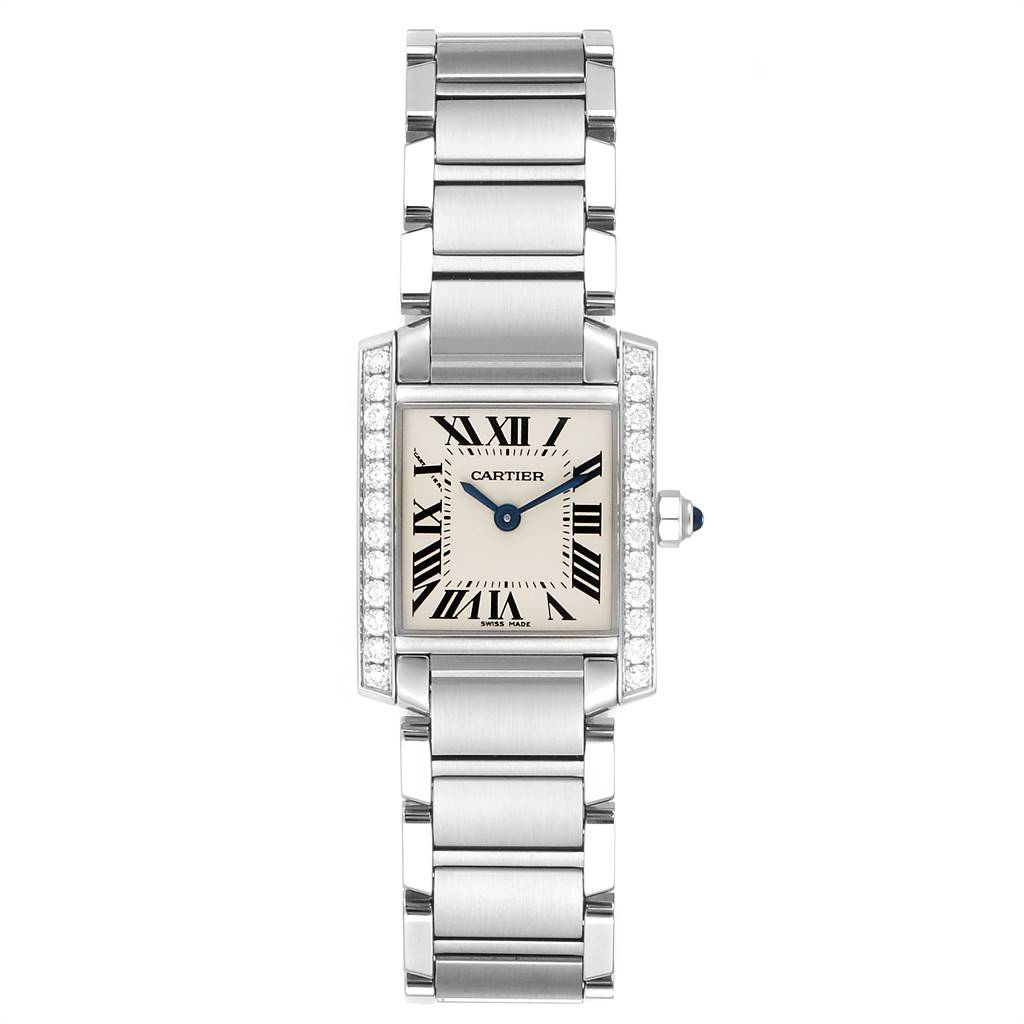 The image shows a Cartier Tank Francaise W4TA0008 Women
s Stainless Steel Silver Dial W4TA0008 Women
s Stainless Steel Silver Dial watch from a front angle, highlighting its case, dial, and metal bracelet.