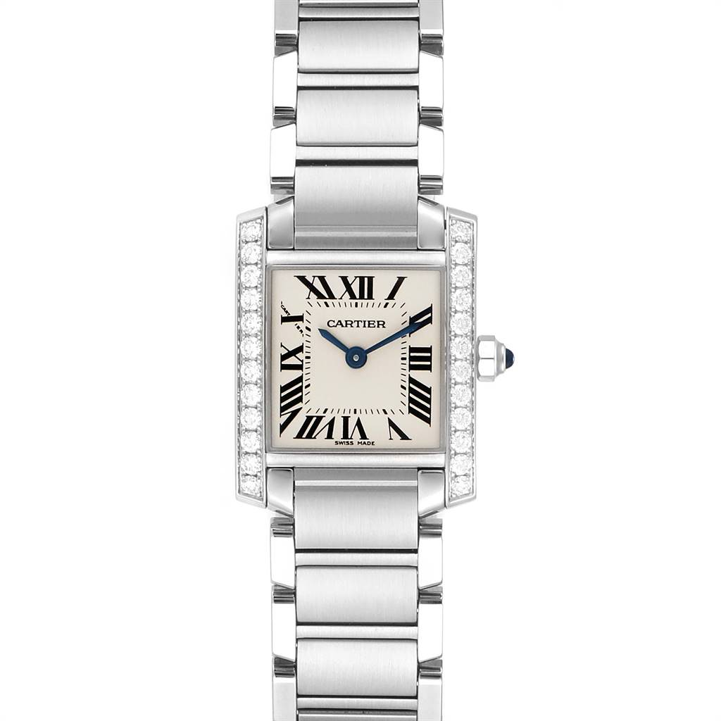 The image shows a frontal view of the Cartier Tank Francaise W4TA0008 Women
s Stainless Steel Silver Dial W4TA0008 Women
s Stainless Steel Silver Dial watch with its dial, bracelet, and diamond-encrusted bezel.