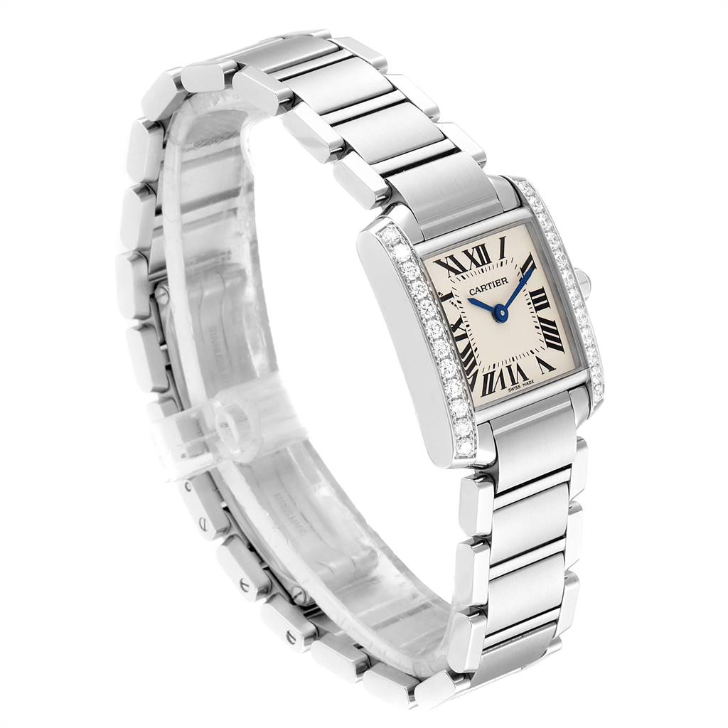The image shows a Cartier Tank Française watch from a side angle, highlighting the bracelet and diamond-encrusted bezel.