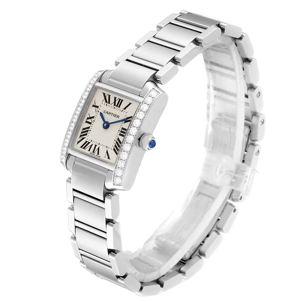 The Cartier Tank Francaise W4TA0008 Women
s Stainless Steel Silver Dial W4TA0008 Women
s Stainless Steel Silver Dial watch is shown at an angled perspective, highlighting the face, bracelet, and bejeweled case.