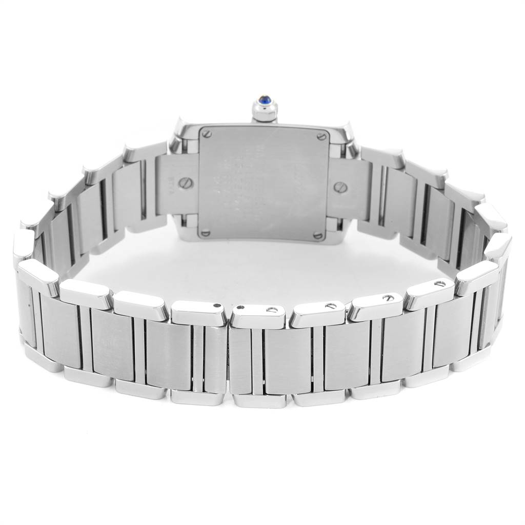 This image shows the back view of a Cartier Tank Francaise W4TA0008 Women
s Stainless Steel Silver Dial W4TA0008 Women
s Stainless Steel Silver Dial watch with its stainless steel bracelet.
