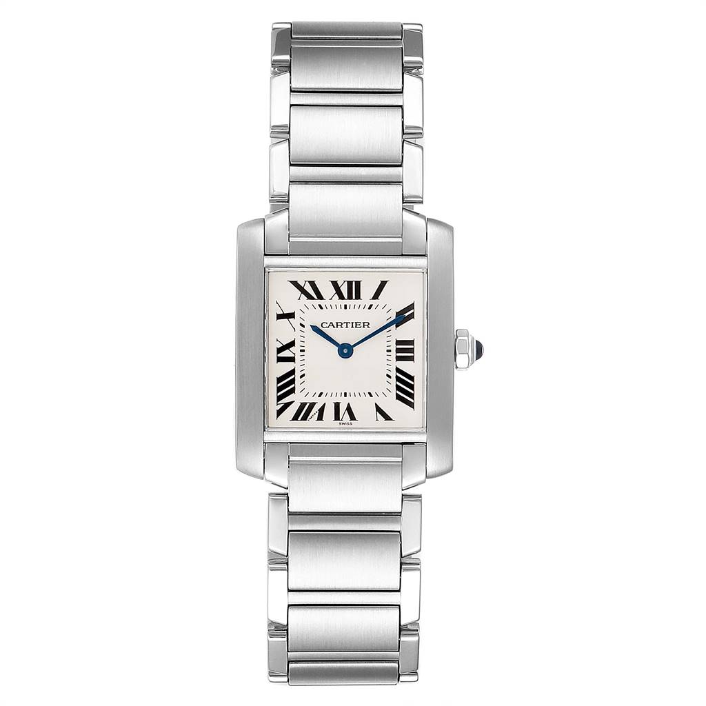 The image shows a Cartier Tank Française watch viewed from the front, displaying the face, bracelet, and crown.