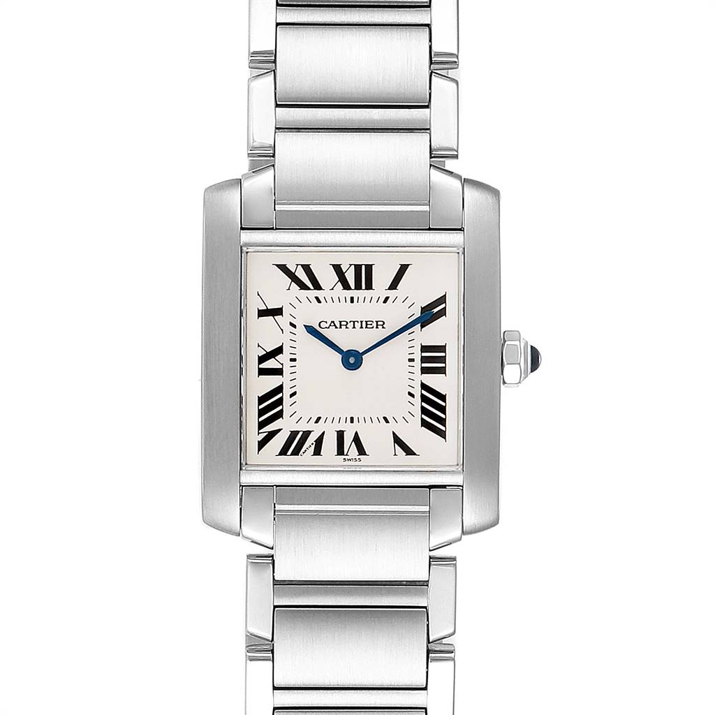 The image shows a front view of the Cartier Tank Francaise WSTA0005 Women
s Stainless Steel Silver Dial WSTA0005 Women
s Stainless Steel Silver Dial watch, highlighting its rectangular face and metal bracelet.
