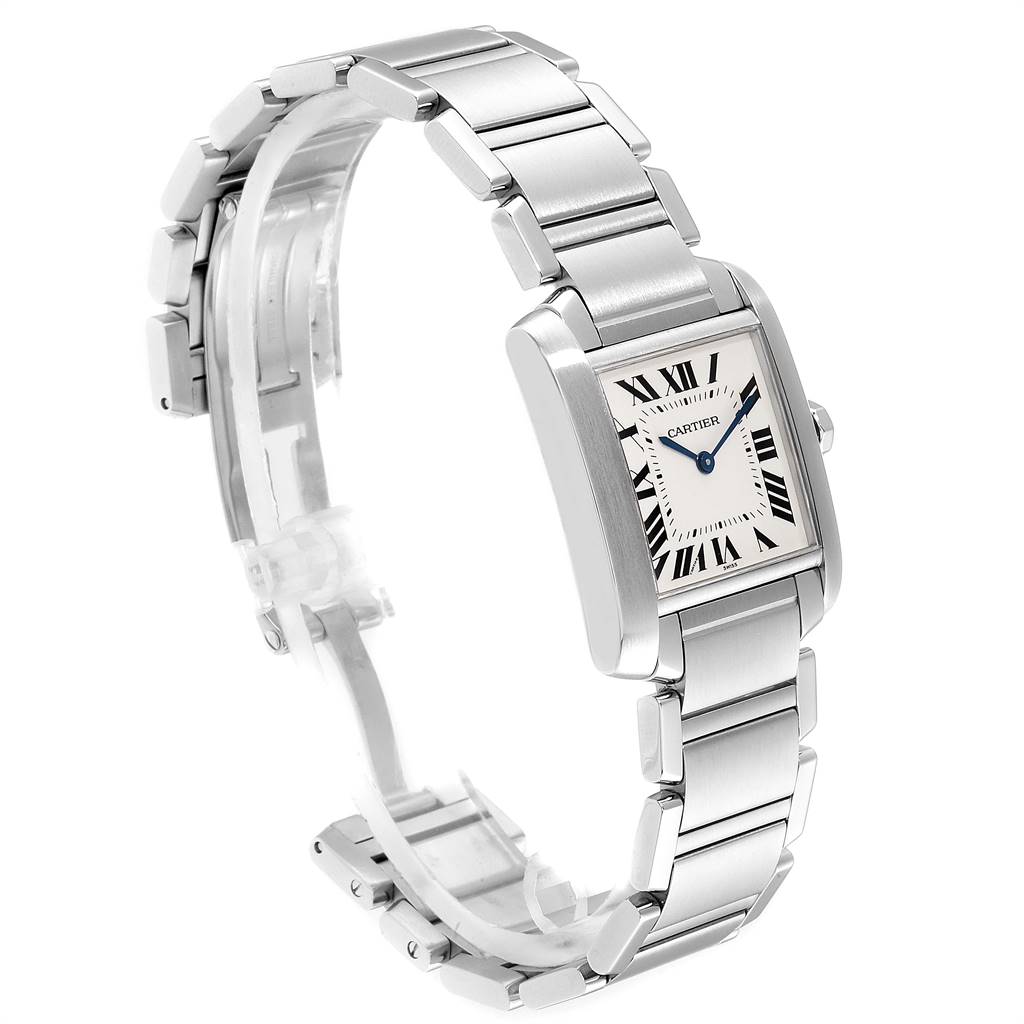The image shows a side angle view of a Cartier Tank Française watch, displaying its stainless steel band and rectangular face.
