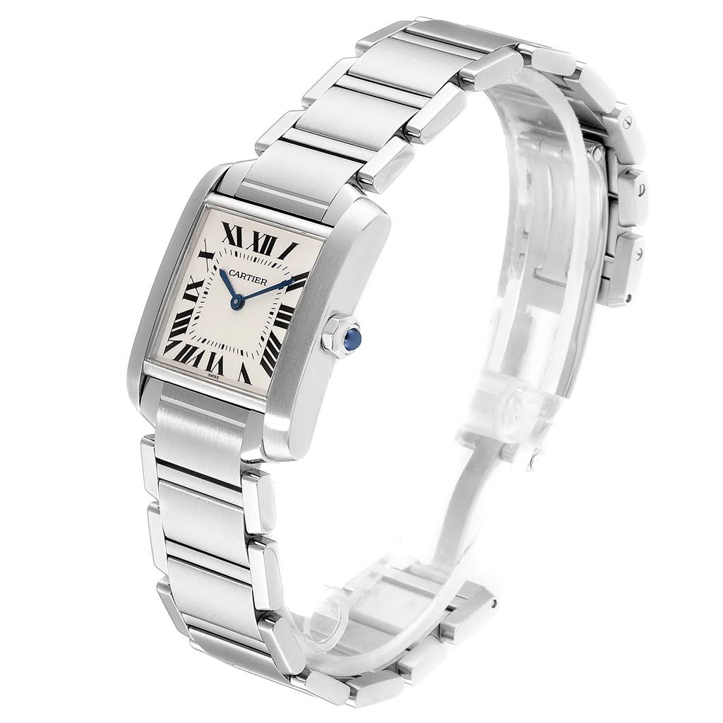 The image shows a Cartier Tank Francaise WSTA0005 Women
s Stainless Steel Silver Dial WSTA0005 Women
s Stainless Steel Silver Dial watch at a three-quarter angle, displaying the face, bracelet, and crown.