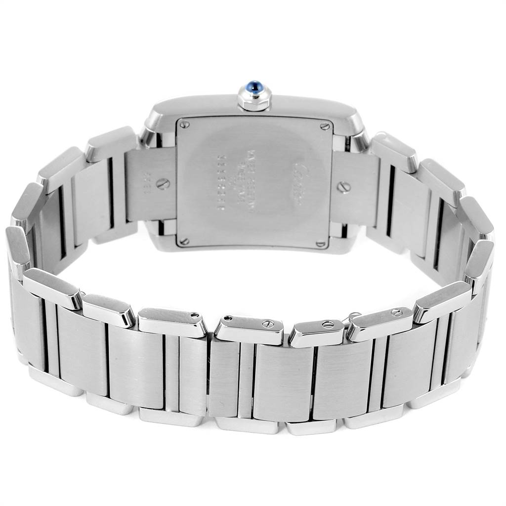 The image shows the back view of a Cartier Tank Francaise WSTA0005 Women
s Stainless Steel Silver Dial WSTA0005 Women
s Stainless Steel Silver Dial watch, highlighting its stainless steel case and bracelet.