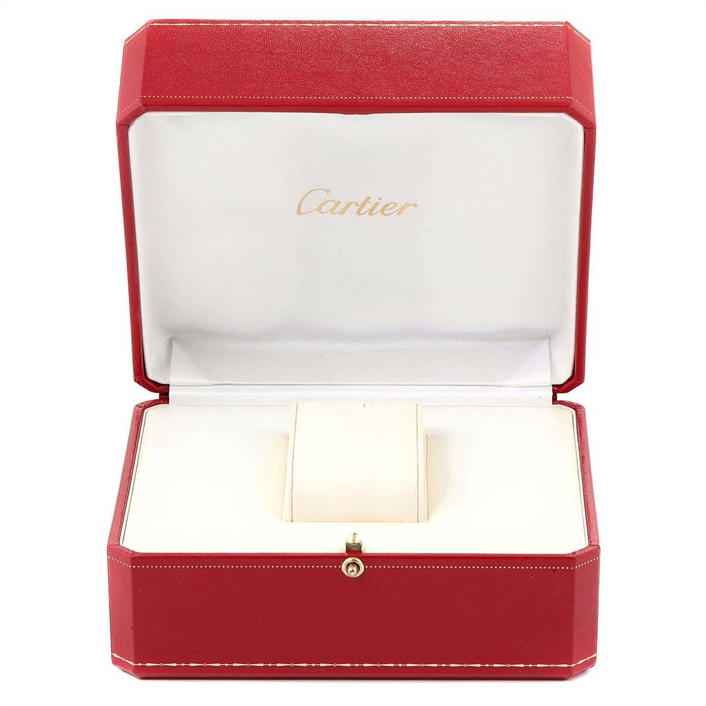 The image shows an open red Cartier box for a Tank Française watch, viewed from the front.