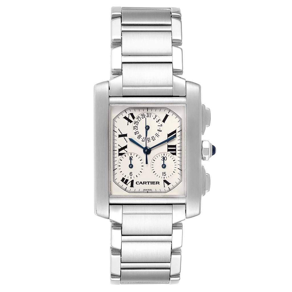 The Tank Francaise by Cartier is shown from a top-down angle, displaying its face, bracelet, and side buttons.