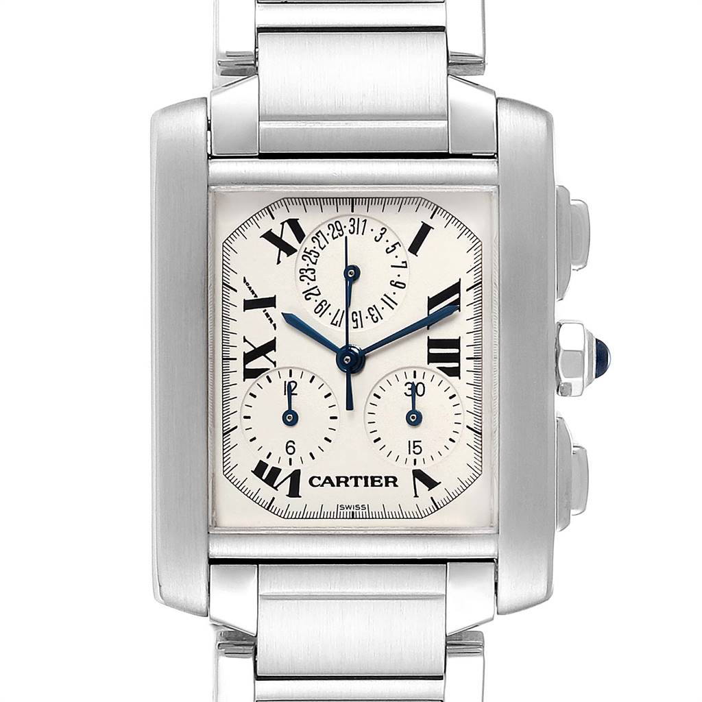 The Cartier Tank Francaise W51001Q3 Men's Stainless Steel White Dial W51001Q3 Men's Stainless Steel White Dial watch is shown from a front angle, displaying its face, bracelet, and side buttons.