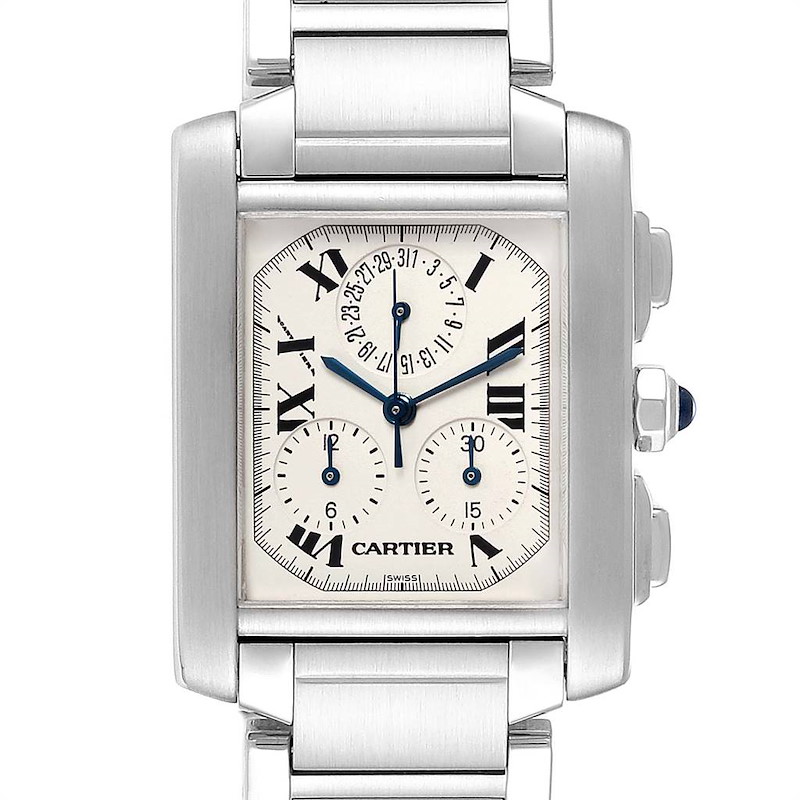Cartier Tank Francaise Chronoflex Chronograph Steel Watch W51001Q3 Box SwissWatchExpo