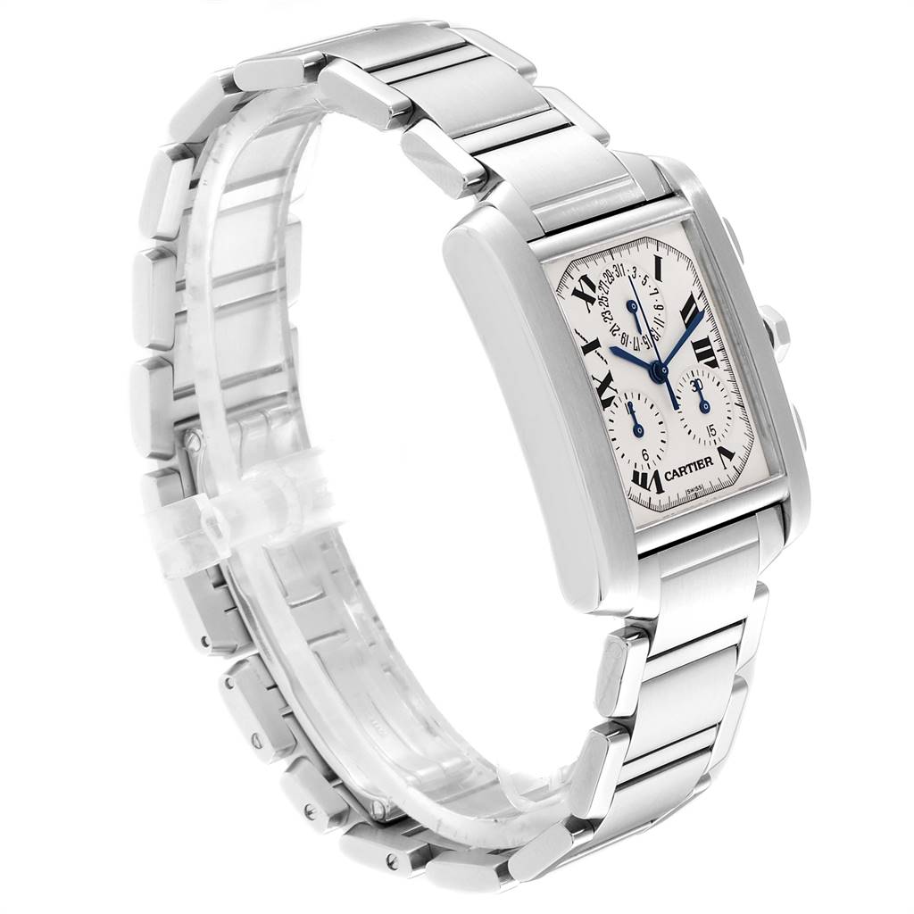 The image shows a Cartier Tank Francaise W51001Q3 Men's Stainless Steel White Dial W51001Q3 Men's Stainless Steel White Dial watch from a side angle, highlighting its face and metal bracelet.