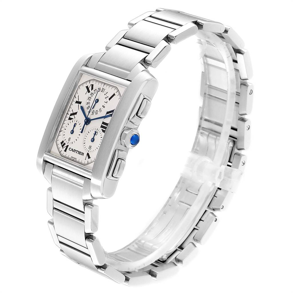 The image shows a Cartier Tank Française watch from a three-quarter angle, highlighting the dial, bezel, and bracelet.