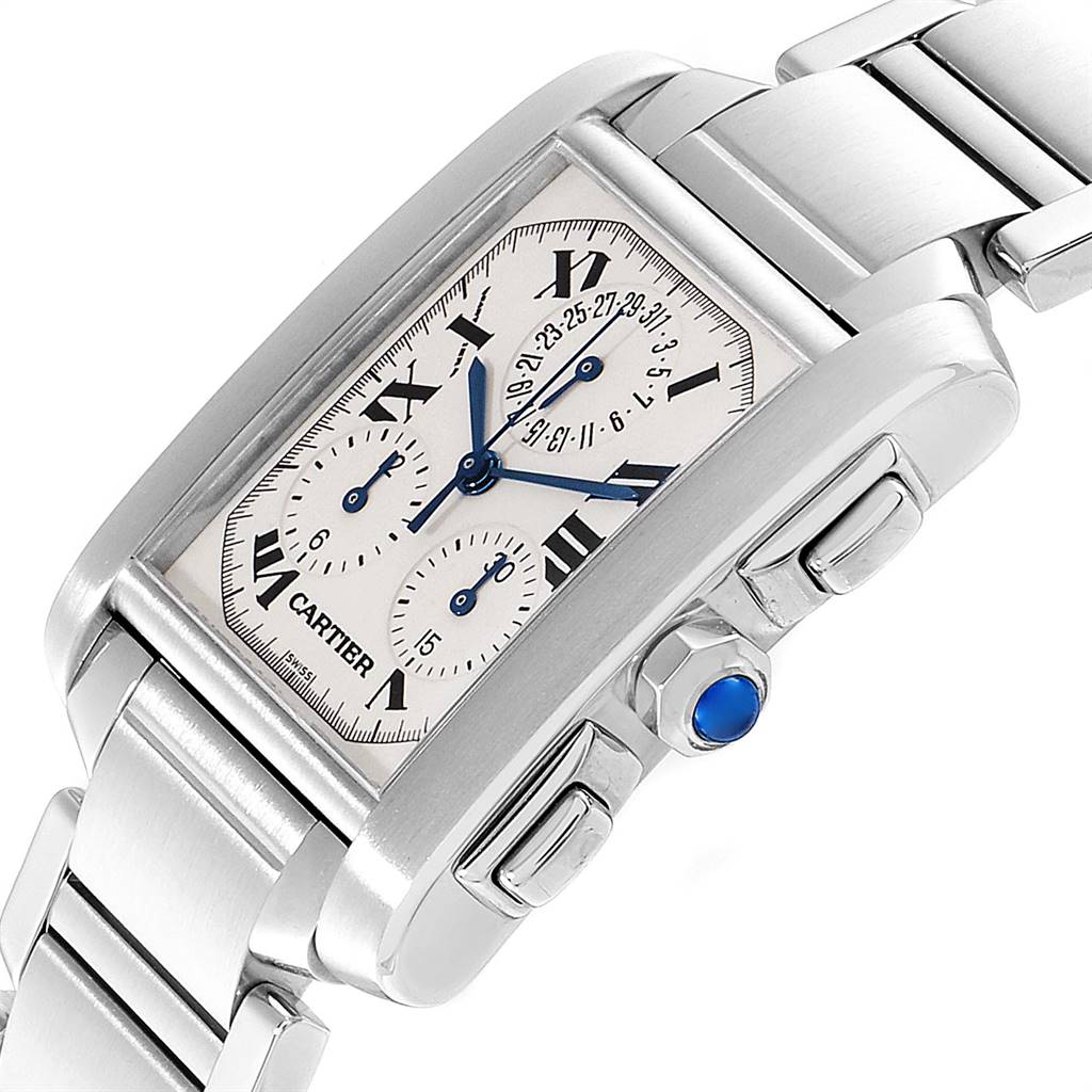 This image shows a close-up angled view of the Cartier Tank Francaise W51001Q3 Men's Stainless Steel White Dial W51001Q3 Men's Stainless Steel White Dial watch, highlighting its face, bracelet, and side buttons.