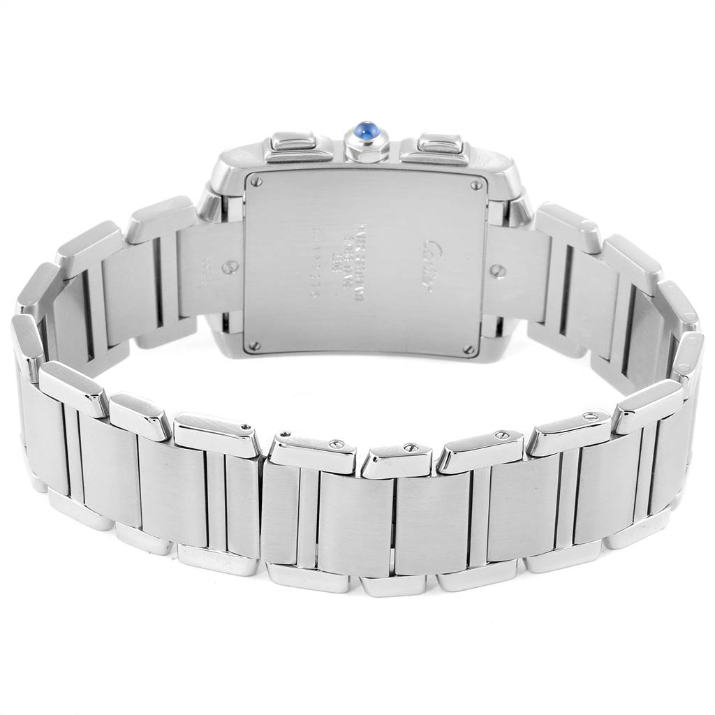 The image shows the back view of a Cartier Tank Francaise W51001Q3 Men's Stainless Steel White Dial W51001Q3 Men's Stainless Steel White Dial watch, highlighting its stainless steel bracelet and case back.