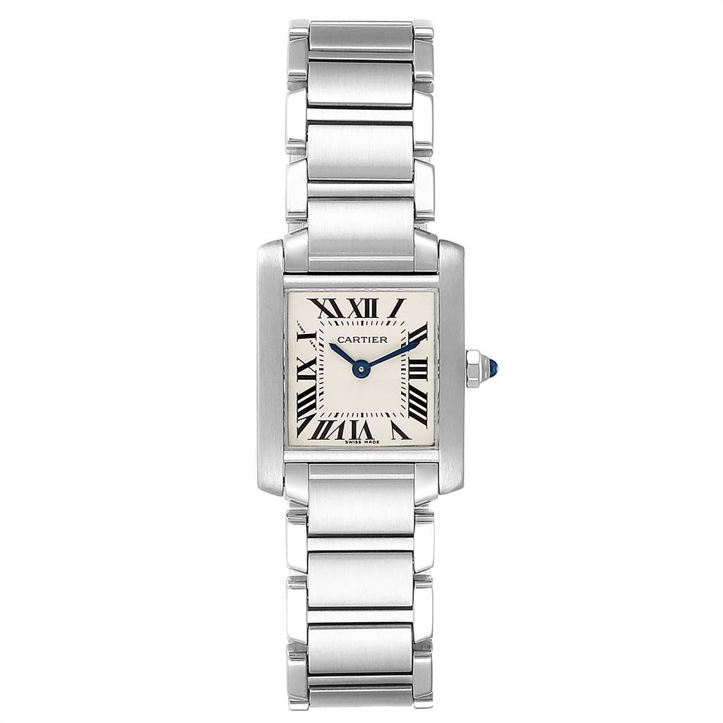 The Tank Française model by Cartier is shown from a front view, displaying its bracelet, rectangular case, dial, and crown.