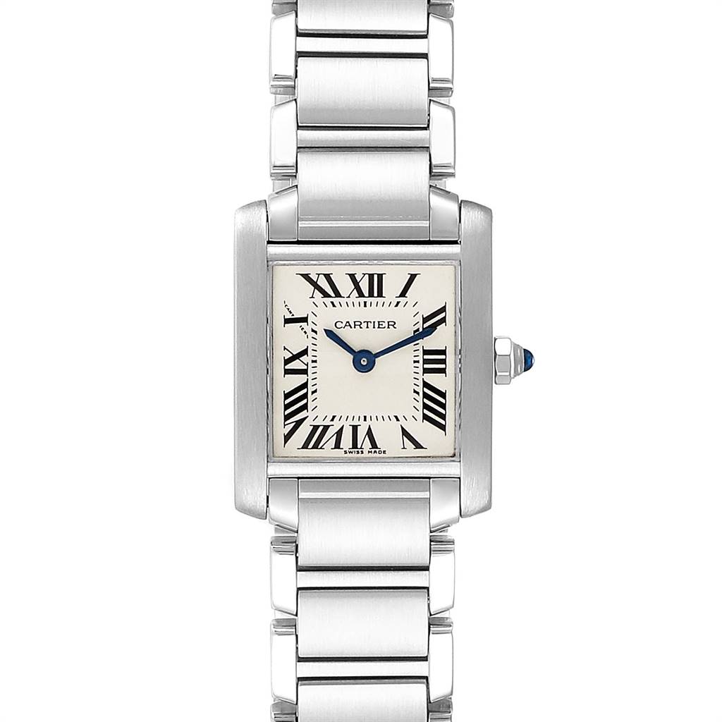 The image shows a Cartier Tank Française watch from a front view, displaying the face, case, and metal bracelet.