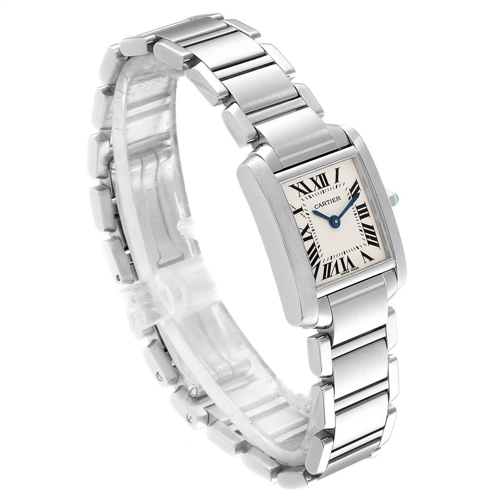 This image shows a side angle of a Cartier Tank Francaise W51008Q3 Women
s Stainless Steel Silver Dial W51008Q3 Women
s Stainless Steel Silver Dial watch, highlighting its rectangular face, Roman numerals, and metal bracelet.