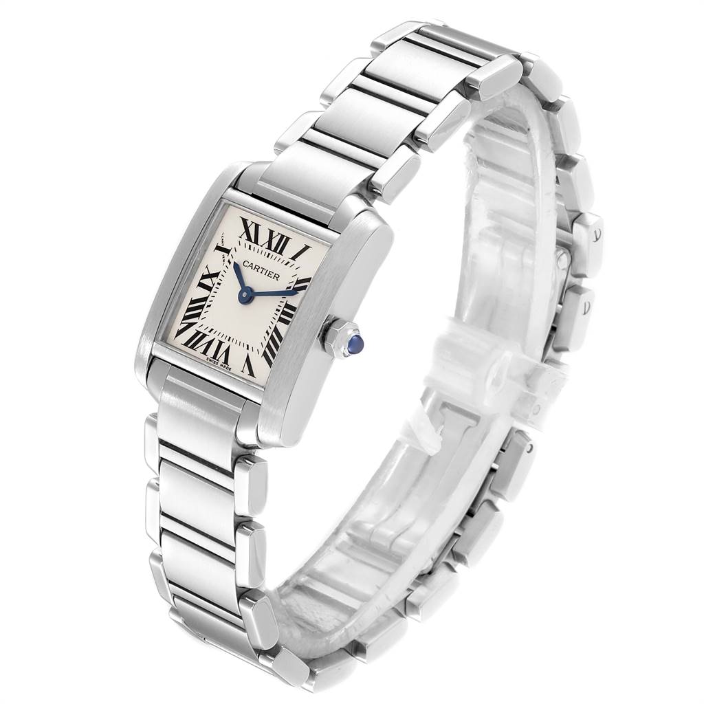 The Cartier Tank Francaise W51008Q3 Women
s Stainless Steel Silver Dial W51008Q3 Women
s Stainless Steel Silver Dial watch is shown from an angled side view, displaying its rectangular face, roman numerals, and metal bracelet.